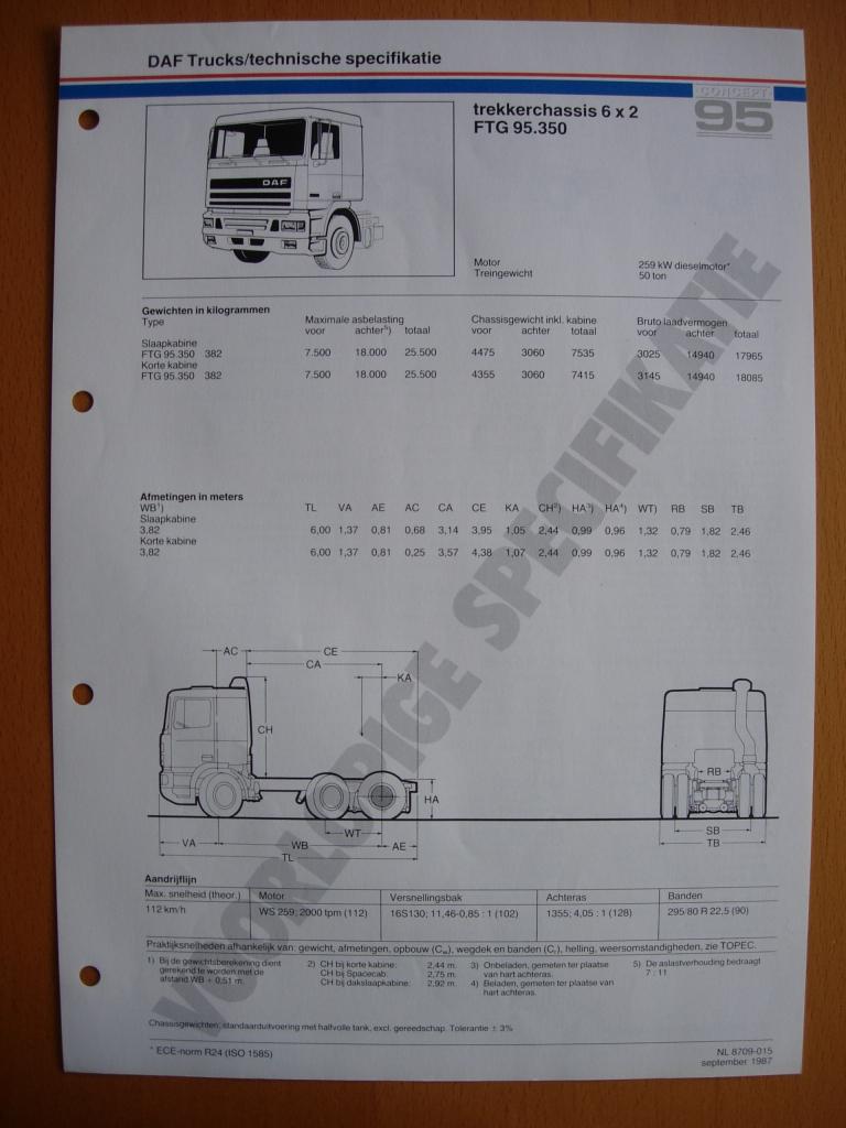 DAF FTG 95 350 pk Technische Specificatie Folder 1987 – 6x2, Ophalen of Verzenden, Zo goed als nieuw, Overige merken, DAF