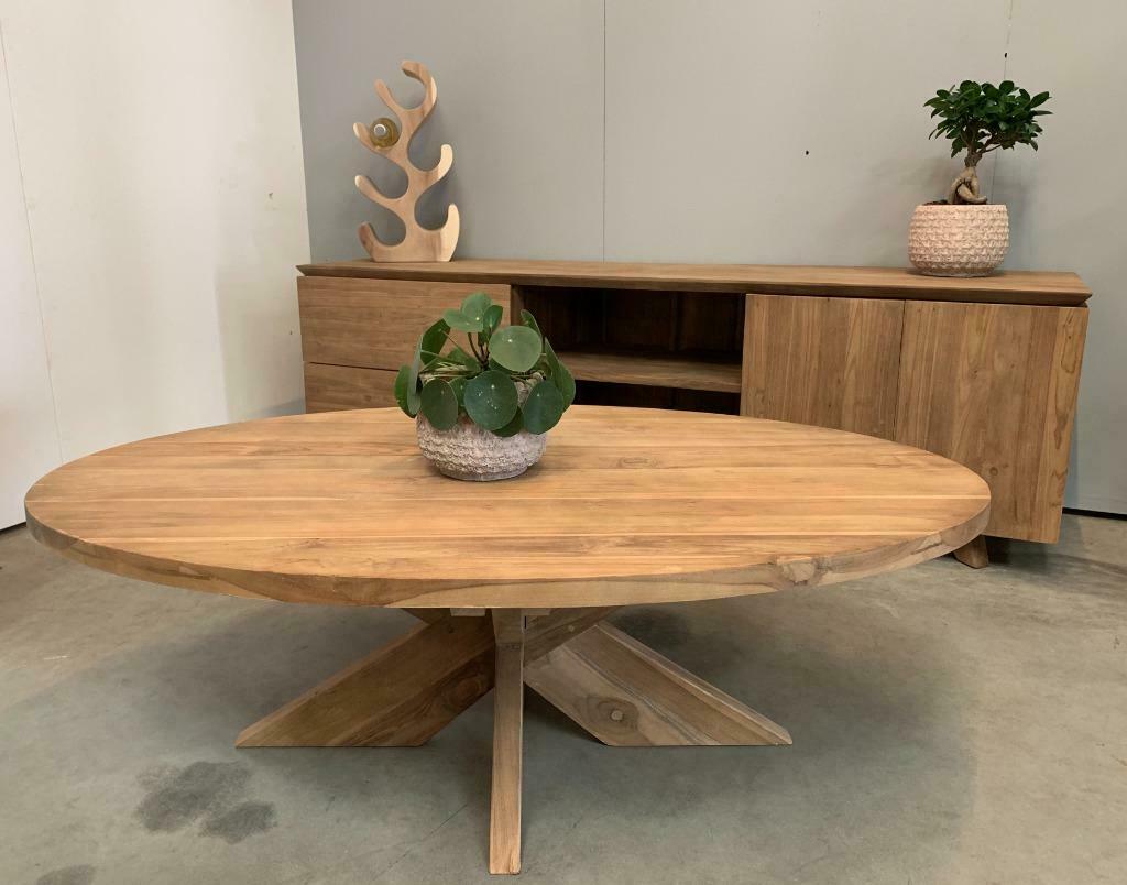 Ovale salontafel 120cm houten kruispoot teakhout, 100 tot 150 cm, Teakhout, Nieuw, Modern