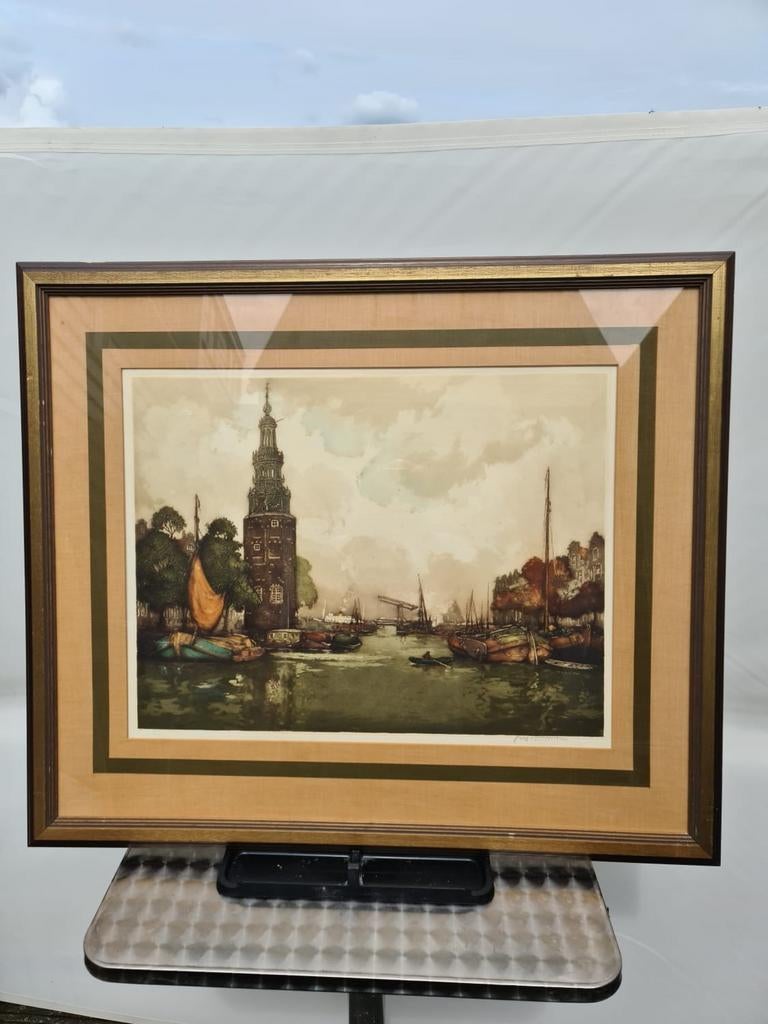 Ingelijste prent van Nederlandse havenstad, Antiek en Kunst, Ophalen of Verzenden