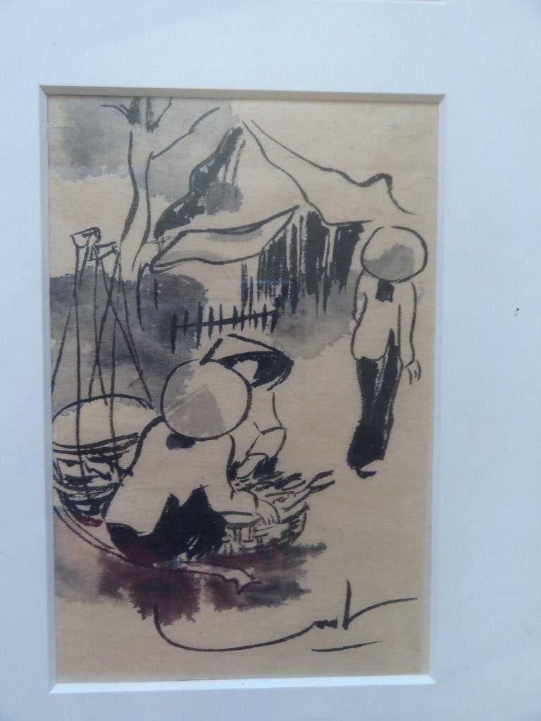 6 ingelijste inkttekeningen op dun papier over de visvangst, China, Verzenden, Schilderij, Papier/karton