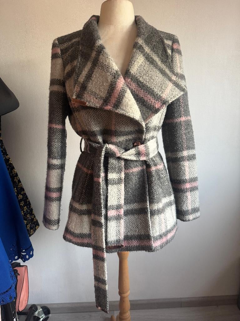 Ted Baker FREDDE Checked Wrap Coat maat 3 = 38/40, Kleding | Dames, Jassen | Winter, Maat 38/40 (M), Zwart, Ophalen of Verzenden