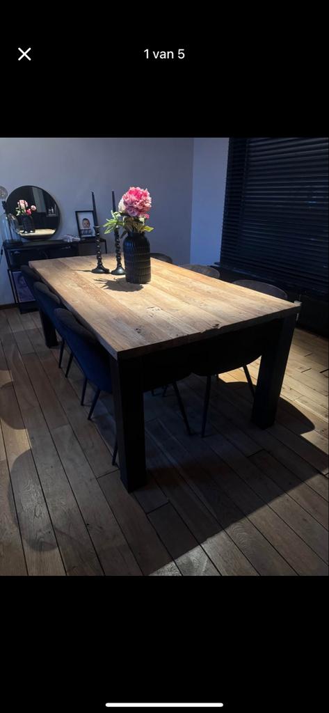 Massief eiken eettafel rustieke stijl zwart onderstel 200x90, Gebruikt, Eikenhout, Vijf personen of meer, 150 tot 200 cm
