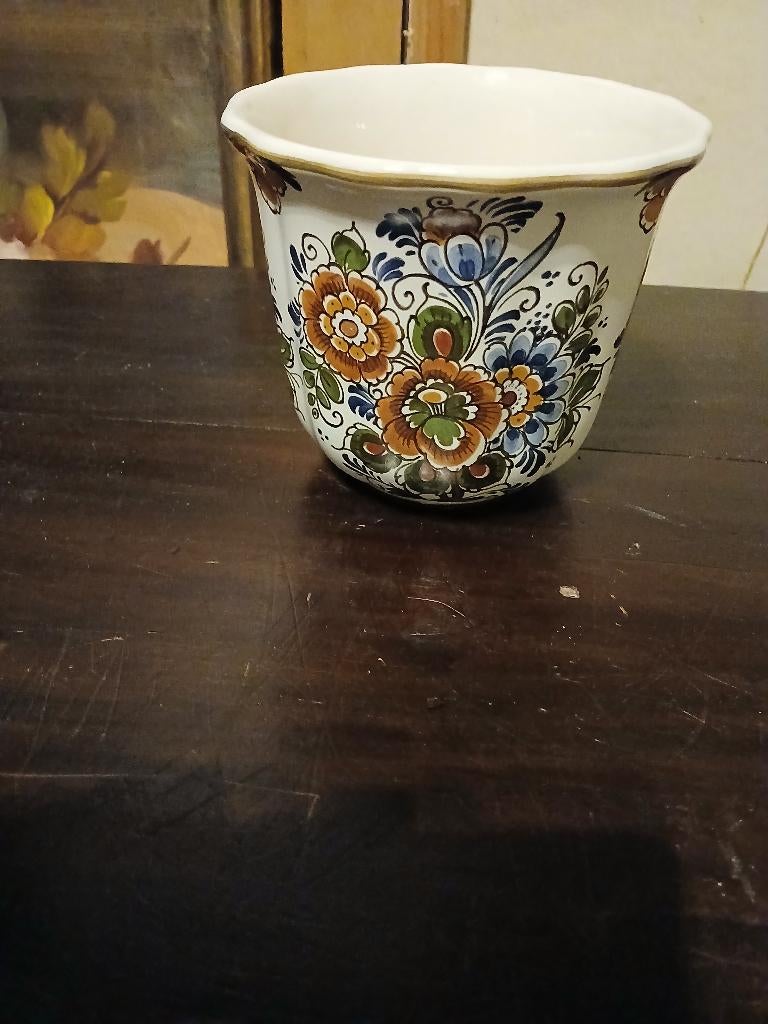 Delfts polychroom aardewerk bloempot ,H12xD13, Gebruikt, Rond, Ophalen of Verzenden, Balkon