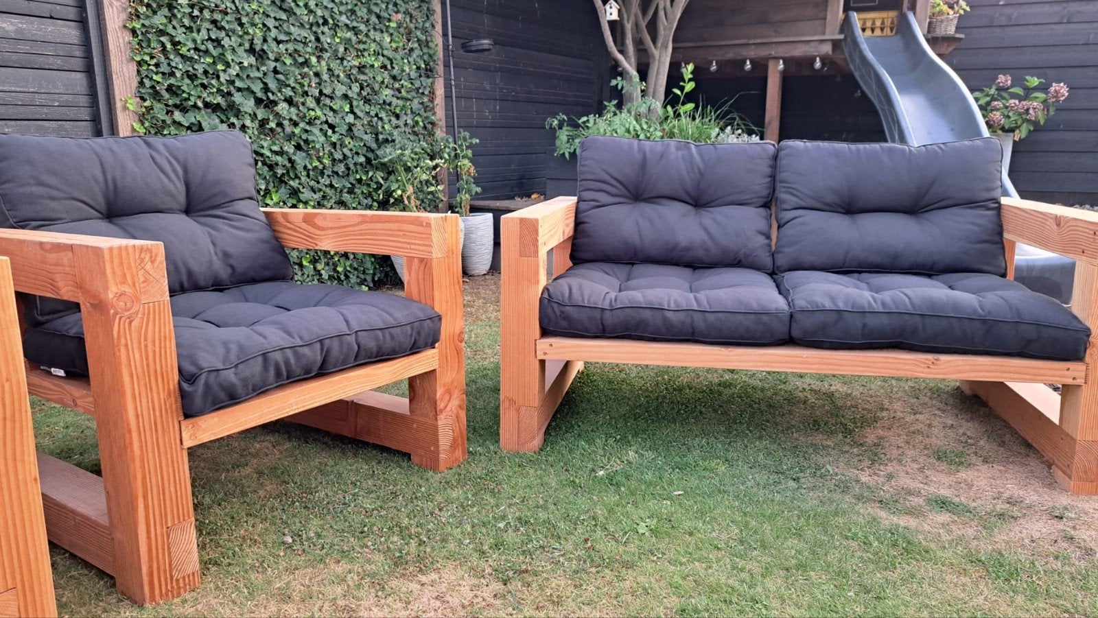 Douglas Houten Loungebank & stoel met kussens - onbehandeld, Ophalen of Verzenden, Zo goed als nieuw, Hout