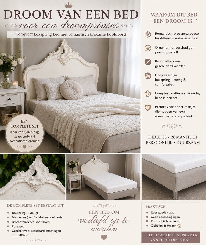 Compleet boxspring bed met romantisch brocante hoofdbord, Ophalen, 90 cm, Eenpersoons, Wit