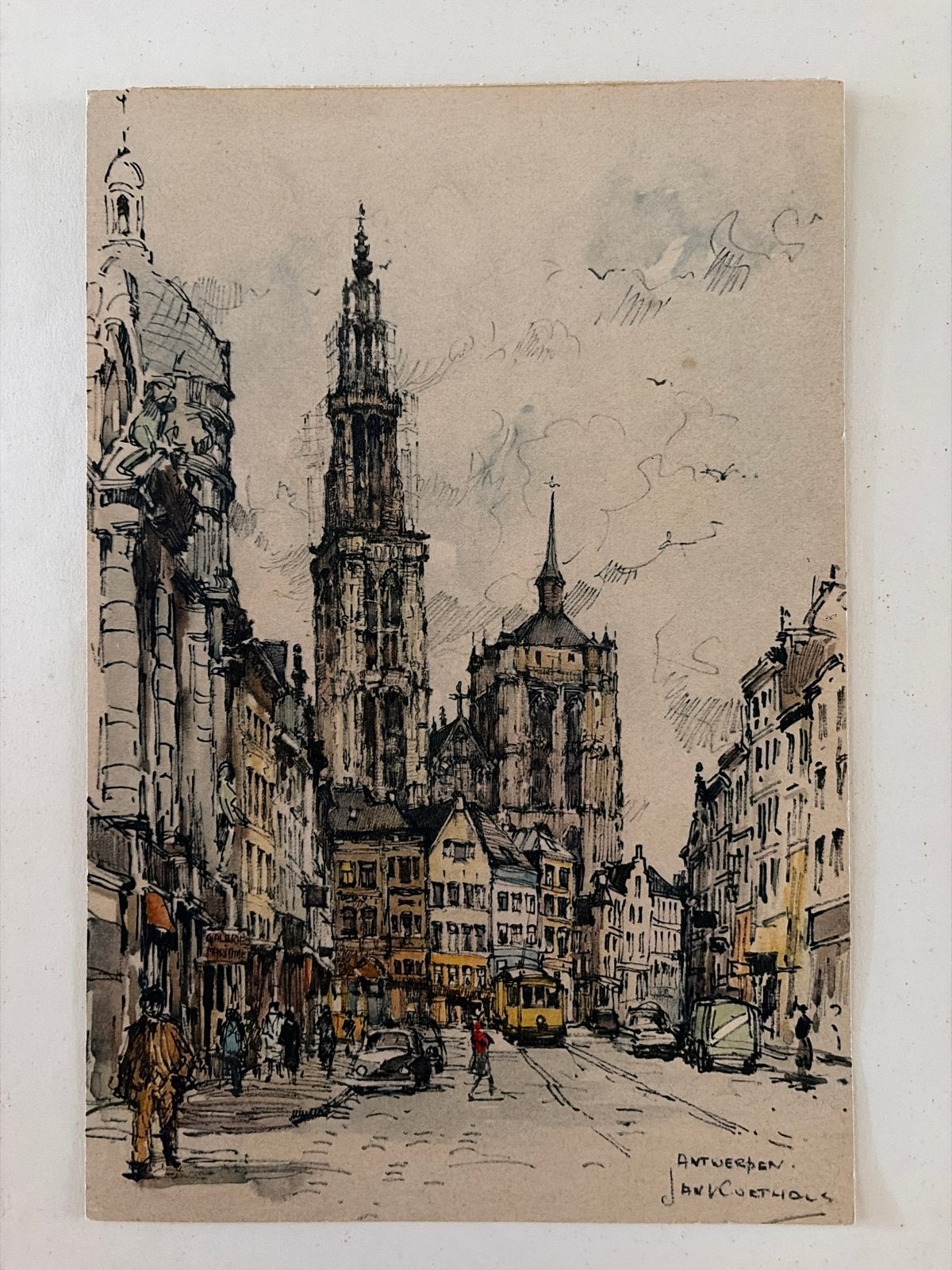 Antwerpen Stadsgezicht - Jan Korthals, Ophalen, Tekening, Gemengde techniek, Gesigneerd