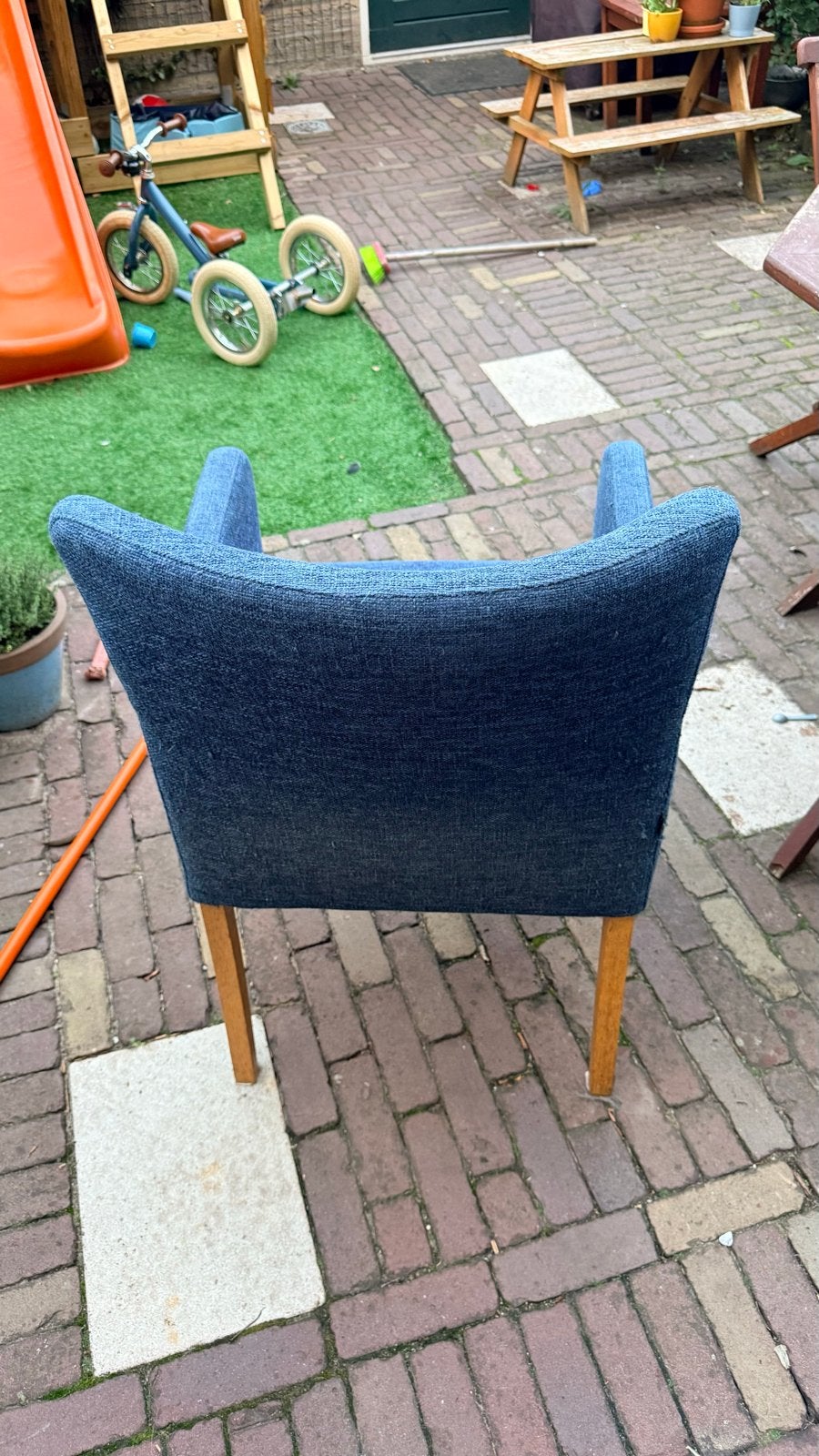 5 N-Joy eetkamerstoelen, Huis en Inrichting, Ophalen, Gebruikt, Blauw, Stof