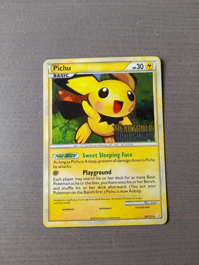 Heartgold & soulsilver 28/123 pichu holo prerelease promo, Ophalen of Verzenden, Gebruikt, Losse kaart, Foil