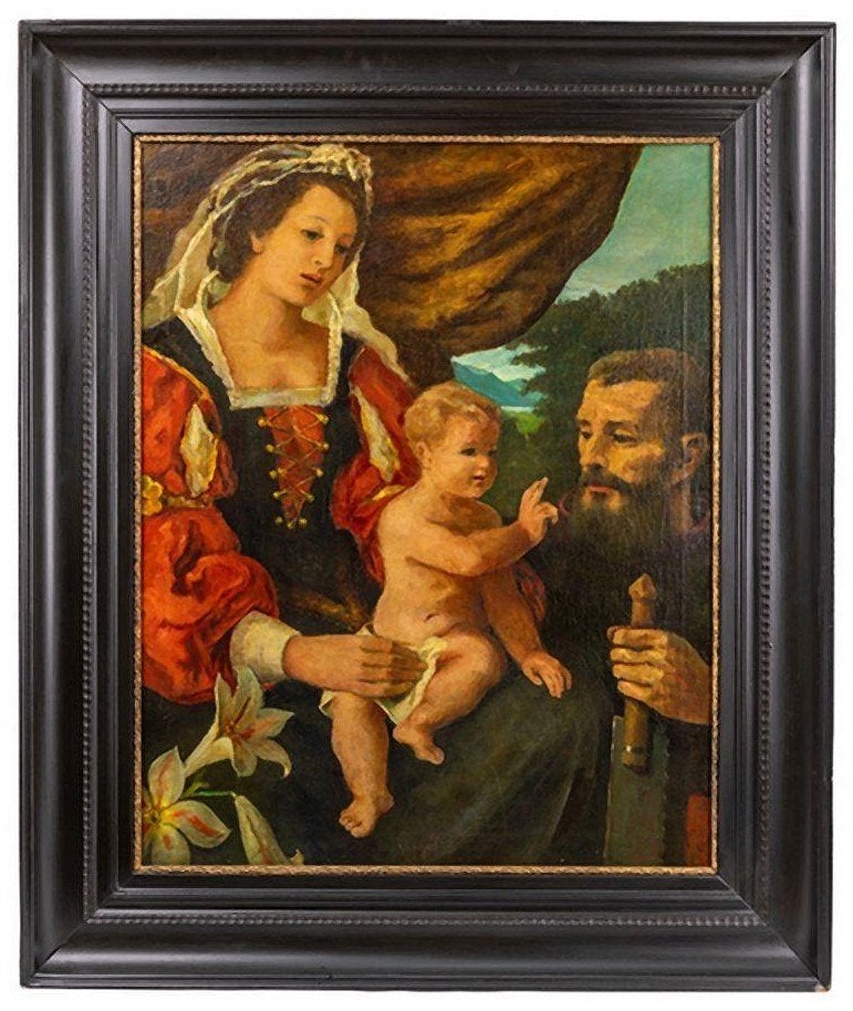 ZEER GROOT OLIEVERFSCHILDERIJ JAN GOSSAERT. Maria kind Jezus, Ophalen, Origineel werk, Olieverf, Doek