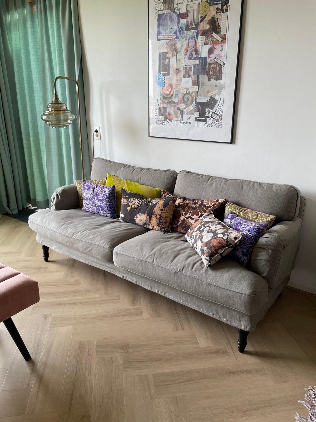 Ikea 3 zits bank, taupekleur stof en zwarte poten, Gebruikt, 150 tot 200 cm, 75 tot 100 cm, Ophalen