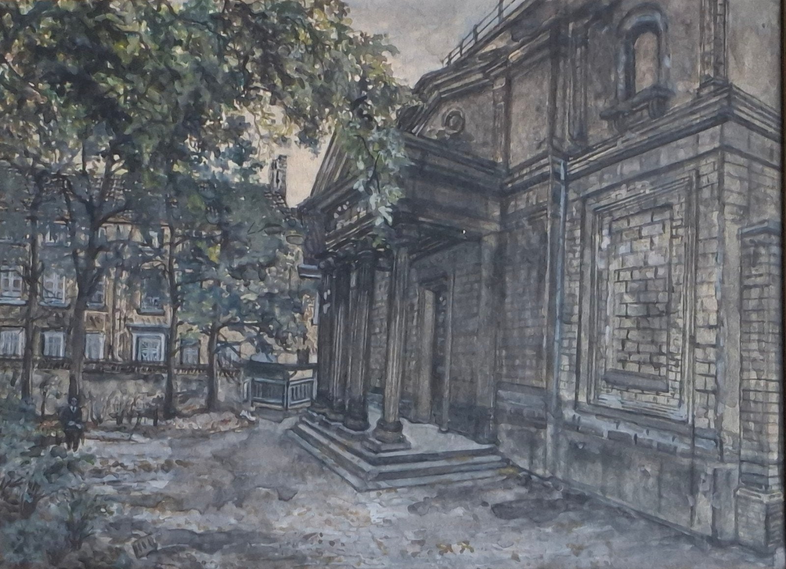 Aquarel. Statig pand.  Ca 1950. 43/33 cm., Ophalen, Impressionistisch, Handgeschilderd, Aquarel