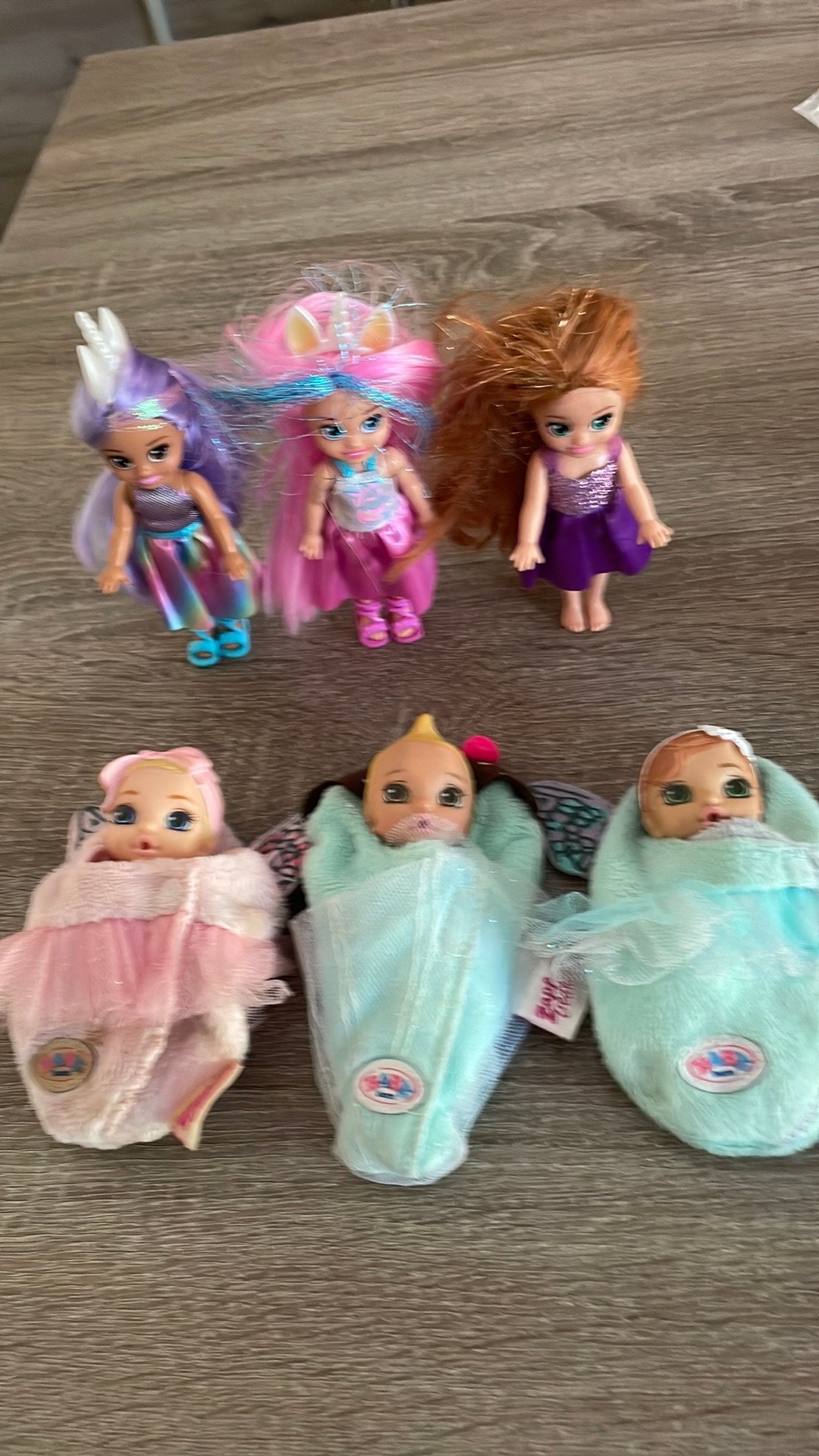 3 mini baby Born+ 2 kleine unicorn glitter poppetjes+1, Kinderen en Baby's, Ophalen of Verzenden, Zo goed als nieuw, Babypop