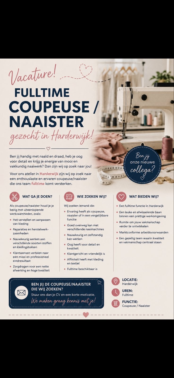 *VACATURE* Coupeuse/naaister gezocht!, 33 - 40 uur, MBO, Vanaf 5 jaar, Tijdelijk contract