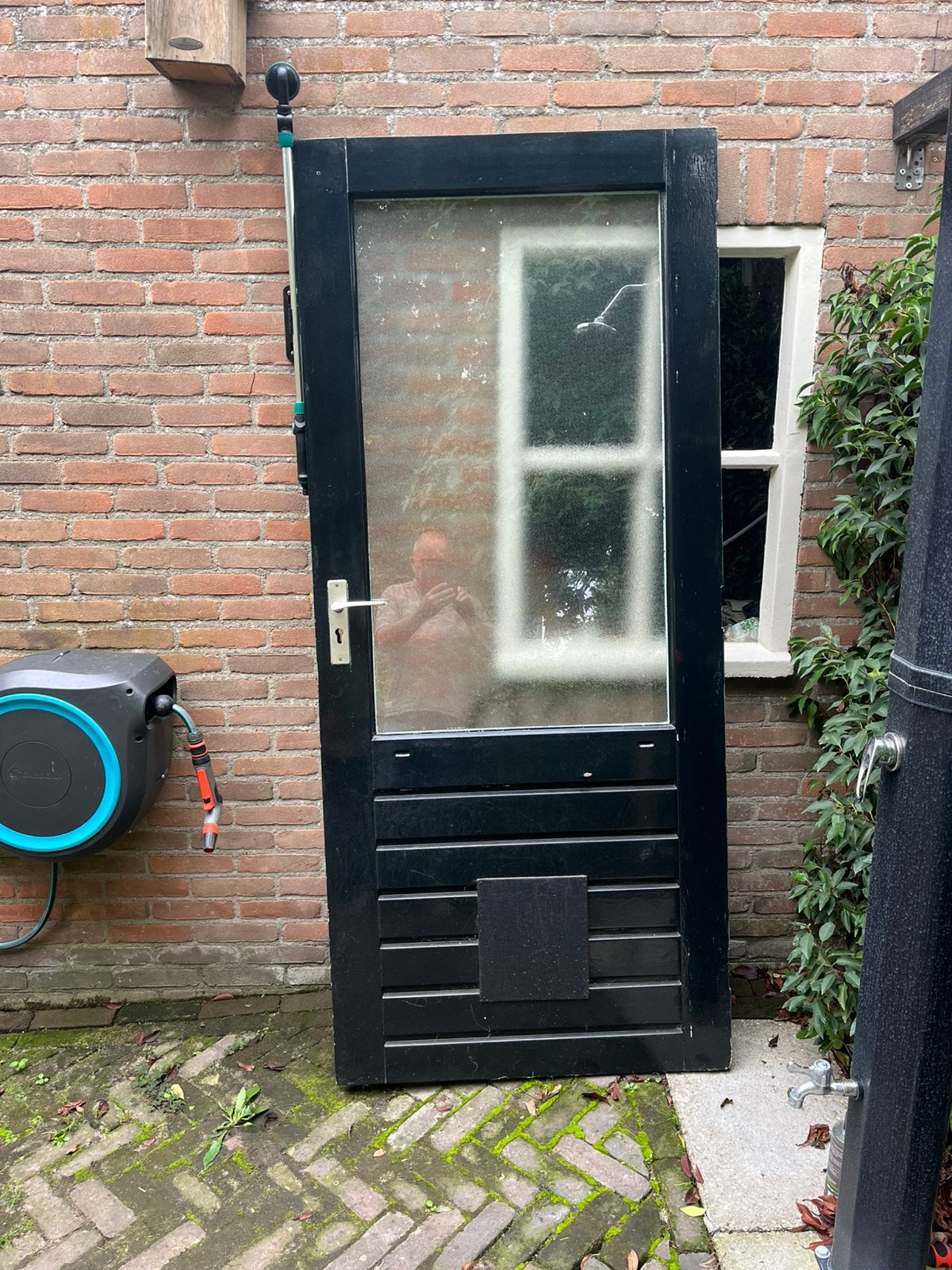 Hardhouten buitendeur met dubbel glas, Gebruikt, Ophalen of Verzenden, 200 tot 215 cm, Glas