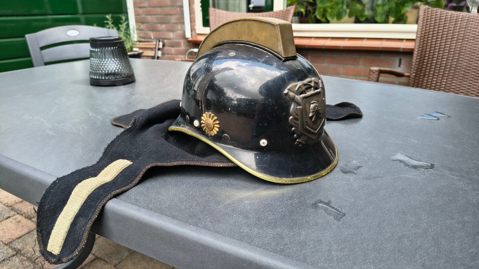 Vintage Brandweerhelm Leerbroek- Zwart met koperen accenten, Ophalen of Verzenden