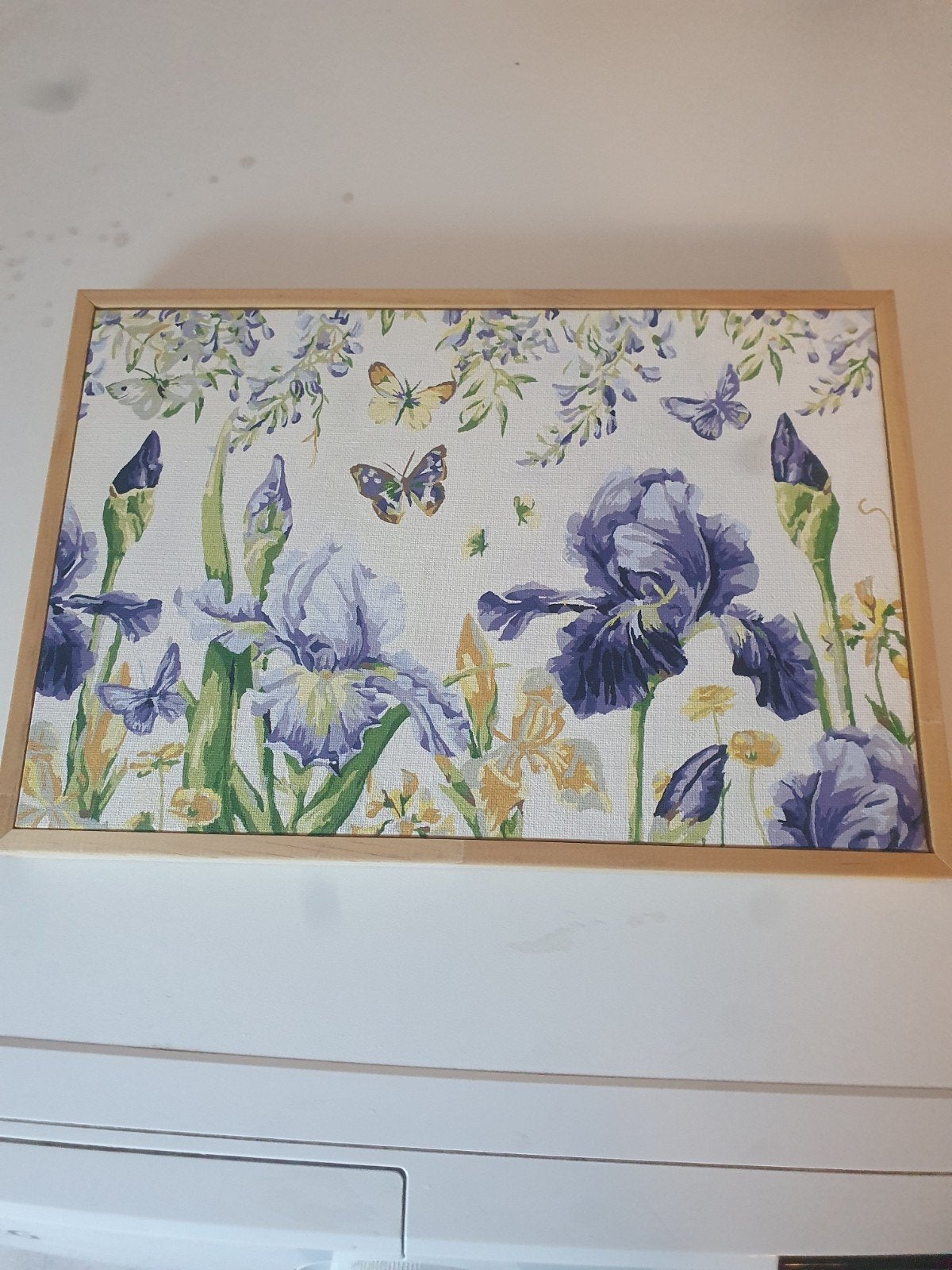 Handgeschilderd Schilderij - Iris en Vlinders (32x22cm), Huis en Inrichting, Minder dan 50 cm, Gebruikt, Ophalen of Verzenden