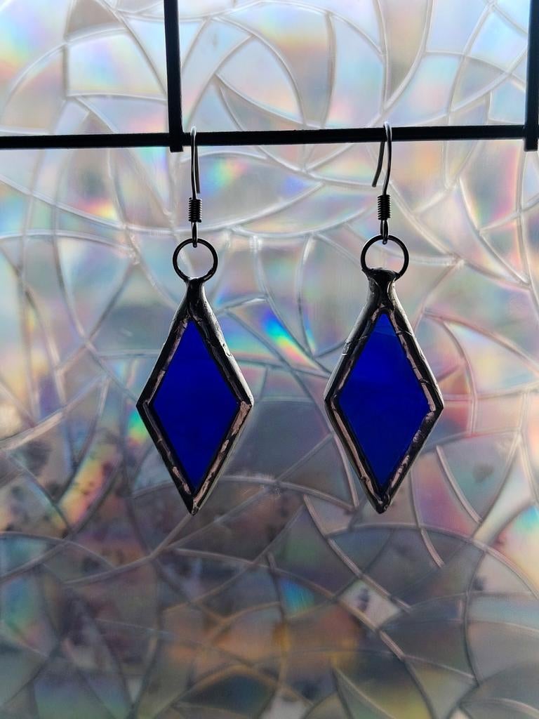 Handgemaakte ruitvormige glas-in-lood oorbellen, Overige materialen, Hangers, Blauw, Nieuw