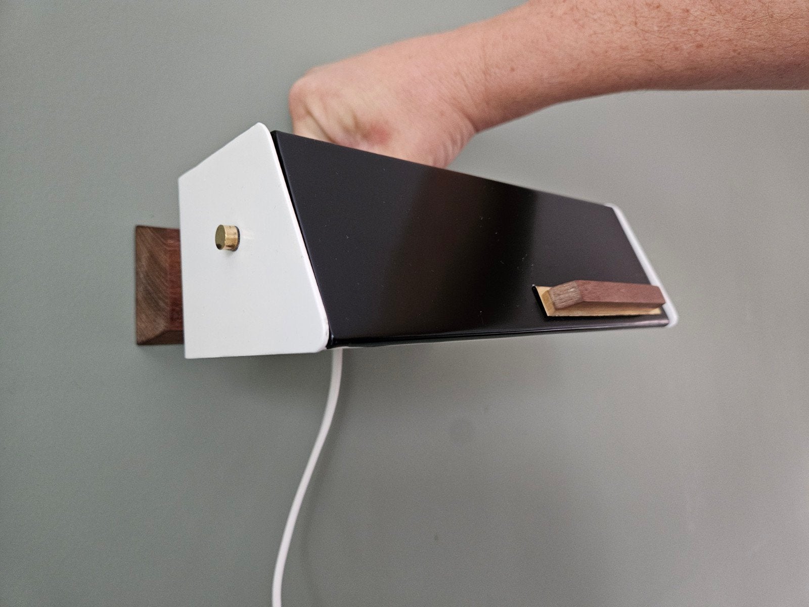 Hiemstra Evolux wandlamp jaren '60 - zwart/wit met hout, Huis en Inrichting, Lampen | Wandlampen, Ophalen of Verzenden, Gebruikt