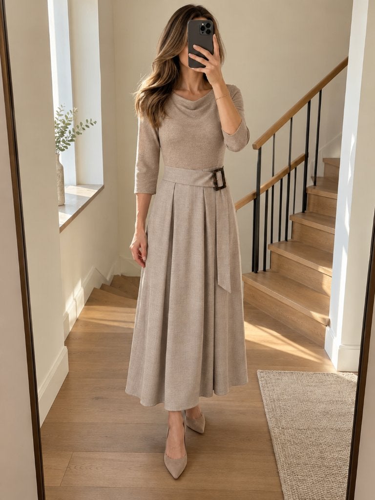 NATAN lange jurk met ceintuur – maat 38 – 100% scheerwol, Maat 38/40 (M), Verzenden, Beige, Gedragen