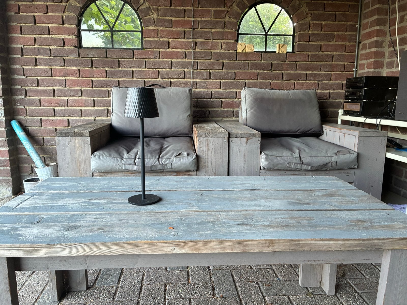 Steigerhouten loungeset met bank, 2 stoelen en tafel, Tuin en Terras, Ophalen, 5 zitplaatsen, Gebruikt, Steigerhout