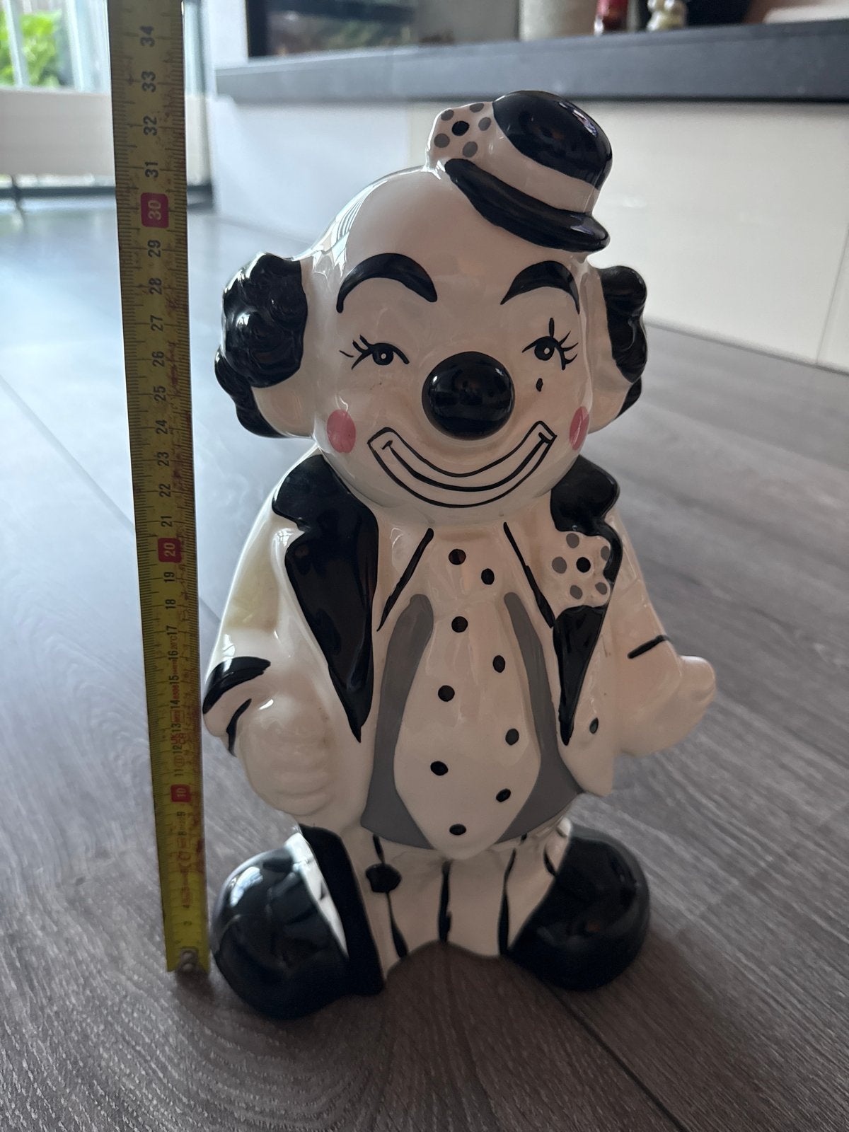 Vintage Keramieken Clown Spaarpot - Zwart/Wit/Grijs, Ophalen, Zo goed als nieuw, Steen, Aardewerk of Keramiek, Strip- of Tekenfilmfiguur