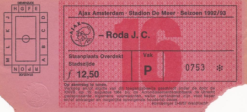 Ticket:Ajax v RODA JC 1992/1993, Verzamelen, Sportartikelen en Voetbal, Verzenden, Gebruikt, Ajax, Overige typen