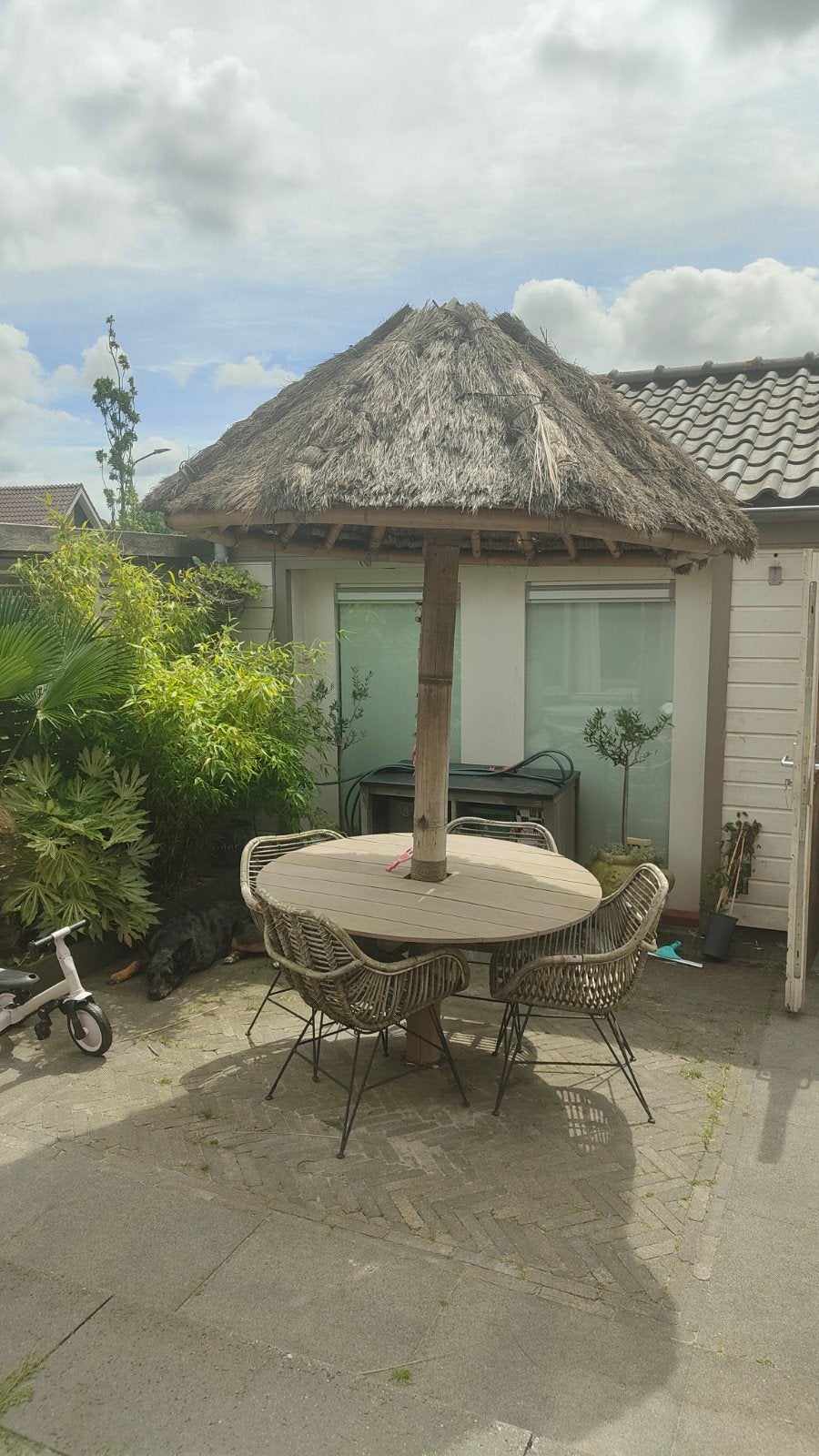 Unieke bamboe parasol / palapa met frame voor tafel, Ophalen, Gebruikt, 2 tot 3 meter, Stokparasol