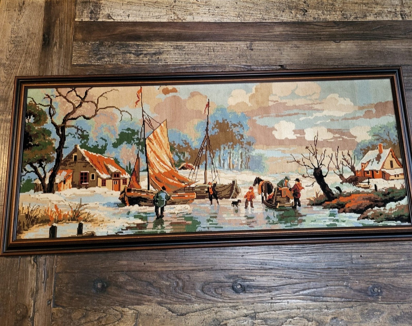 Borduurwerk in lijst - Winterlandschap met schaatsers, Ophalen of Verzenden