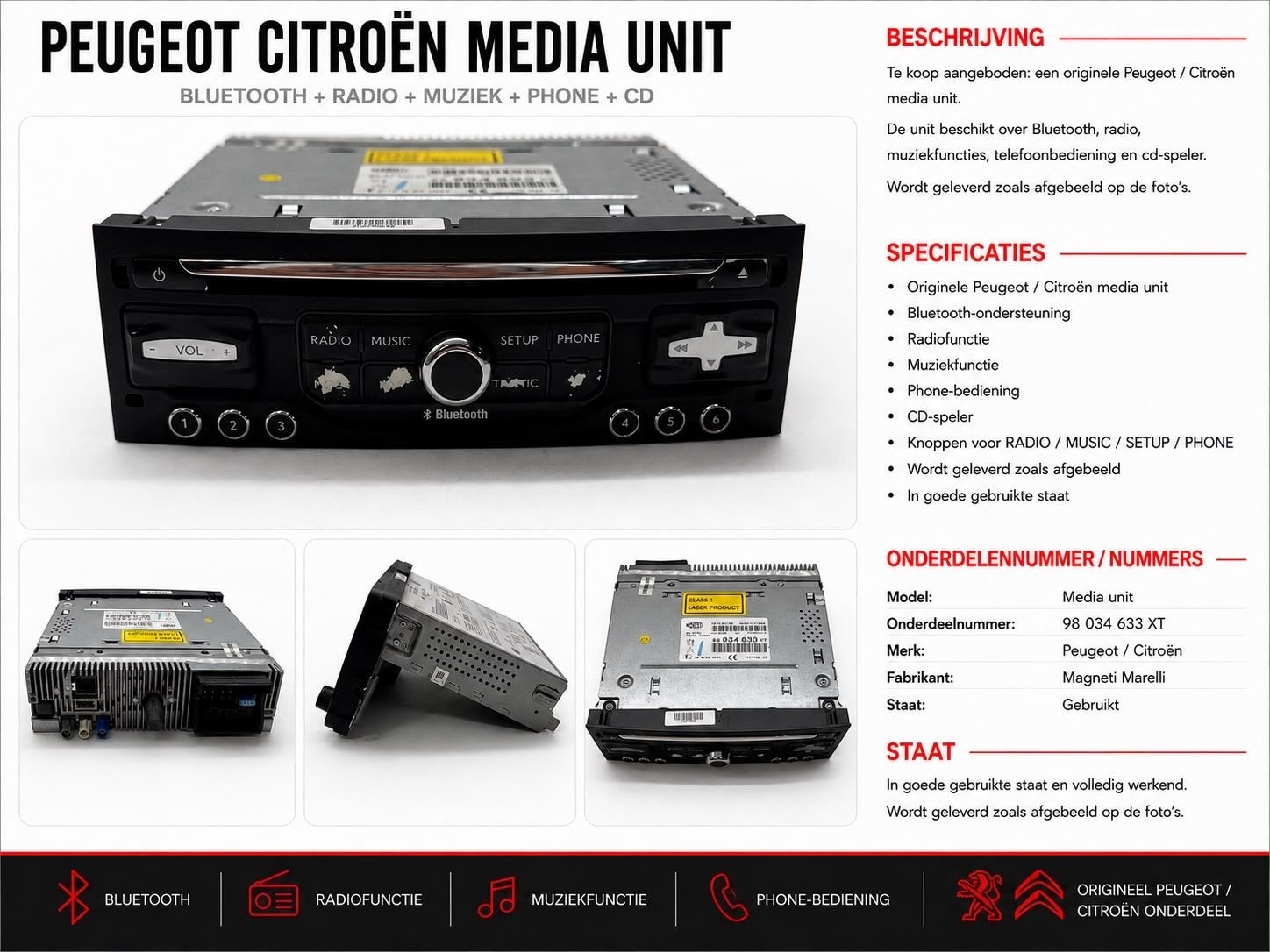 Peugeot / Citroën Media Unit - Bluetooth CD Radio Magneti Ma, Ophalen of Verzenden, Gebruikt