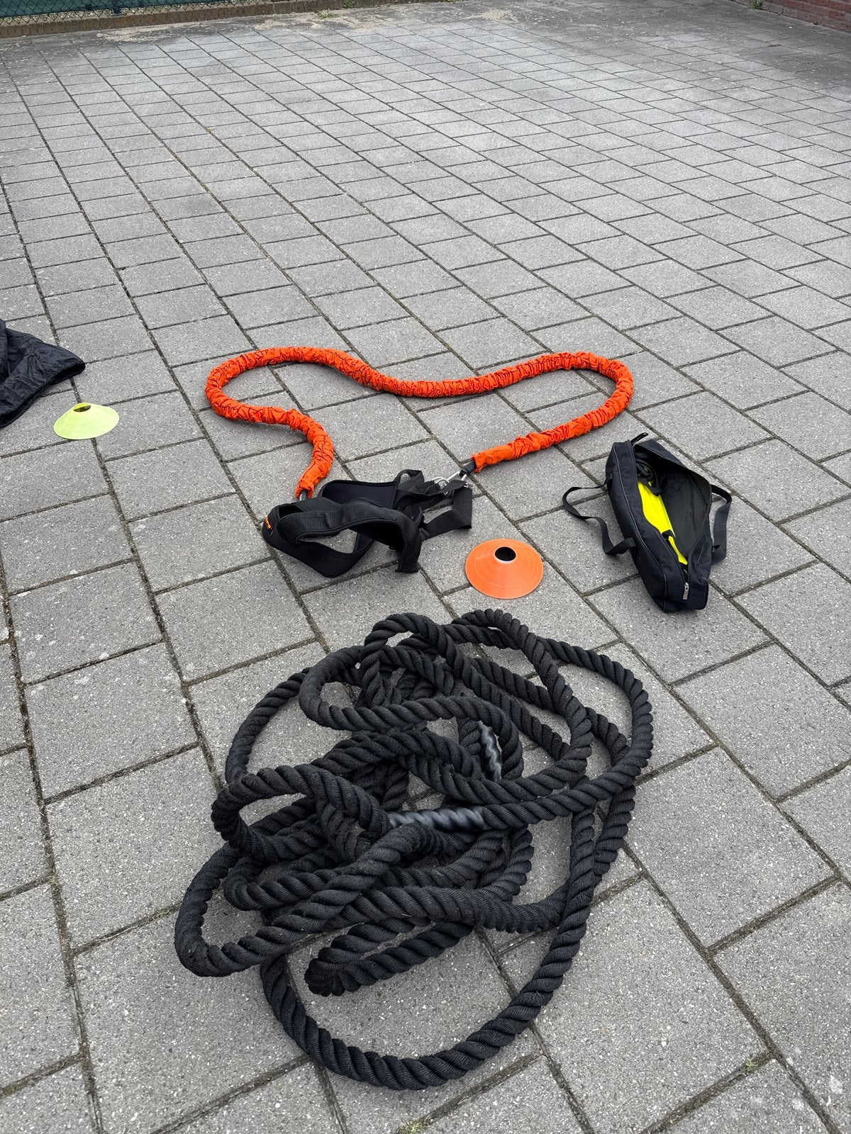 Fitness set: Battle rope, elastiek/ harnas en speedladder, Sport en Fitness, Fitnessmaterialen, Ophalen, Gebruikt, Armen, Battle rope