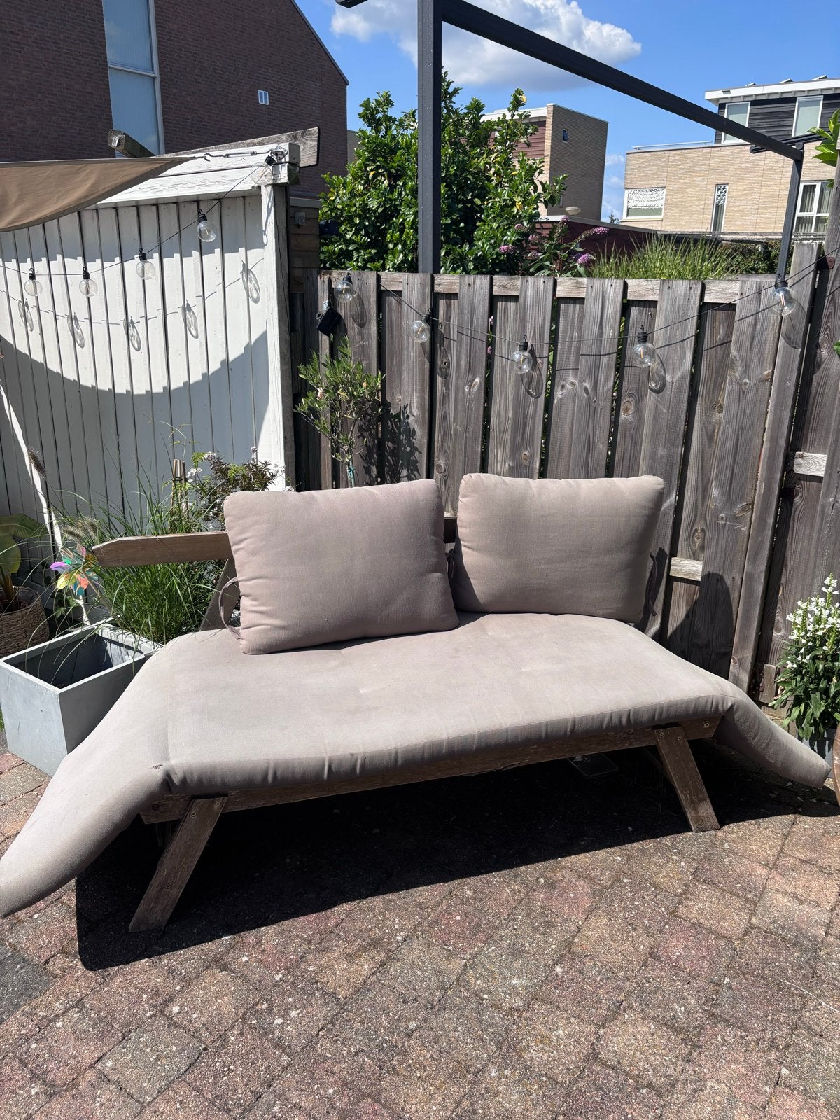 Gratis Tuinbank met kussens (zonder zijkanten), Ophalen, Gebruikt, Hout