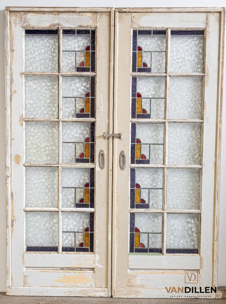 Oude ensuite / schuifdeuren glas in lood en roede 212 x 78.5, 120 cm of meer, Binnendeur, Ophalen of Verzenden, Zo goed als nieuw