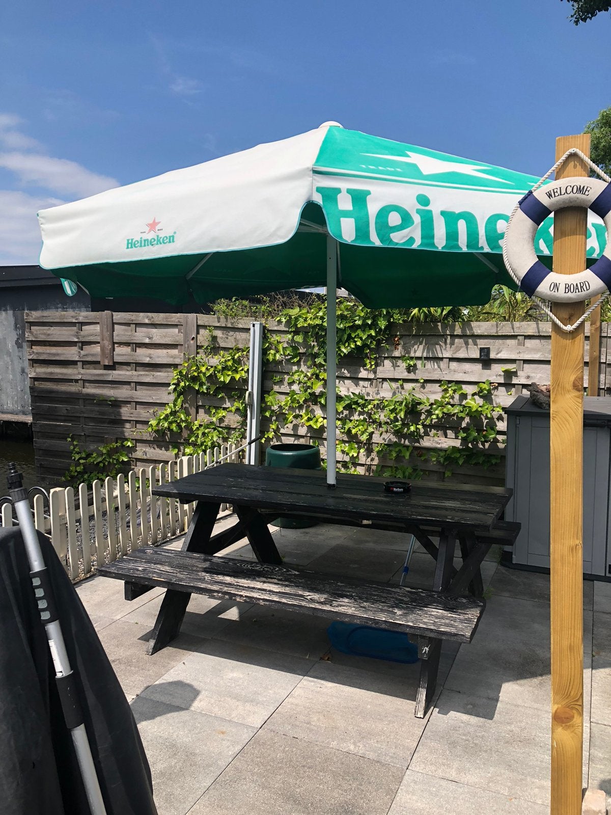 Picknick tafel met Heineken parasol, Tuin en Terras, Parasols, Ophalen, Gebruikt, 3 tot 4 meter, Parasolvoet