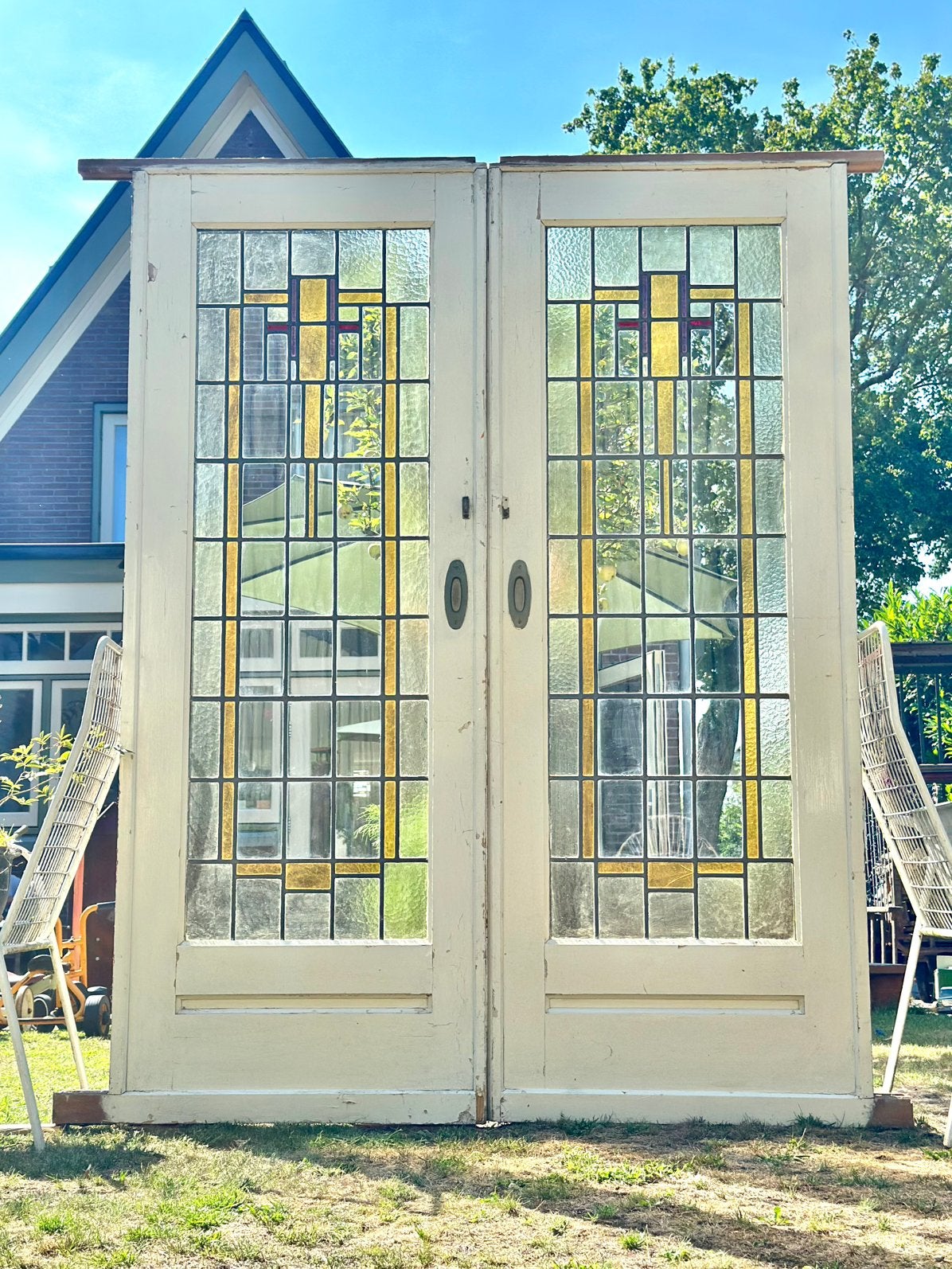 Ensuite schuifdeuren jaren 30 glas in lood vintage antiek, Ophalen, Gebruikt, 120 cm of meer, Binnendeur