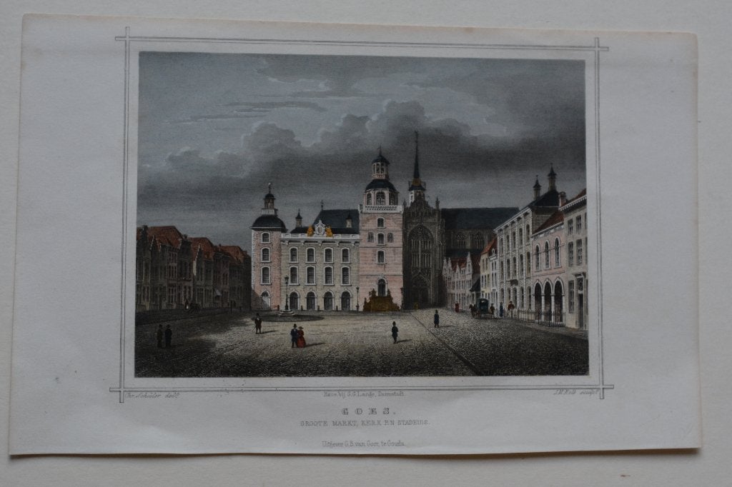 GOES GROTE MARKT Kerk Stadhuis Mooie Staalgravure Terwen GY2, Antiek en Kunst, 1800 - 1899, Stadsgezicht, Ophalen of Verzenden