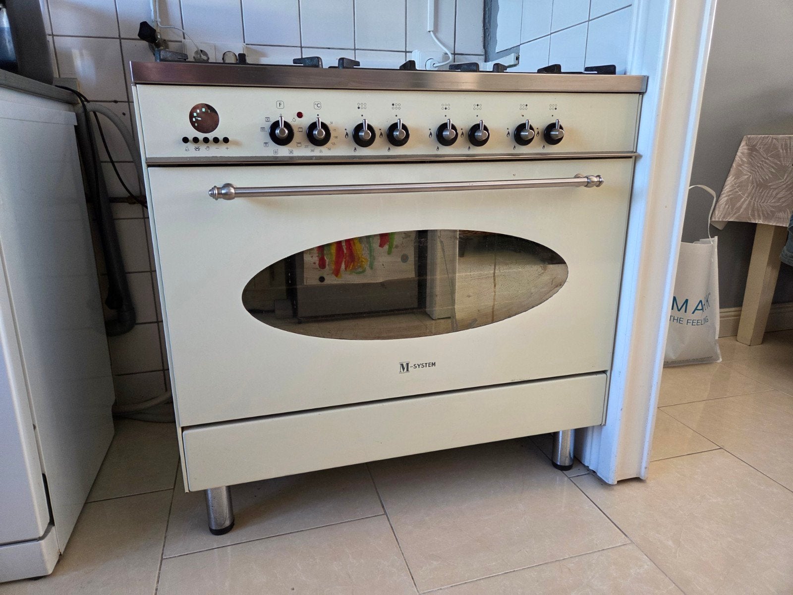 M-System 6-pits gasfornuis met elektrische oven en afzuigkap, Ophalen, Gebruikt, 60 cm of meer, Gas