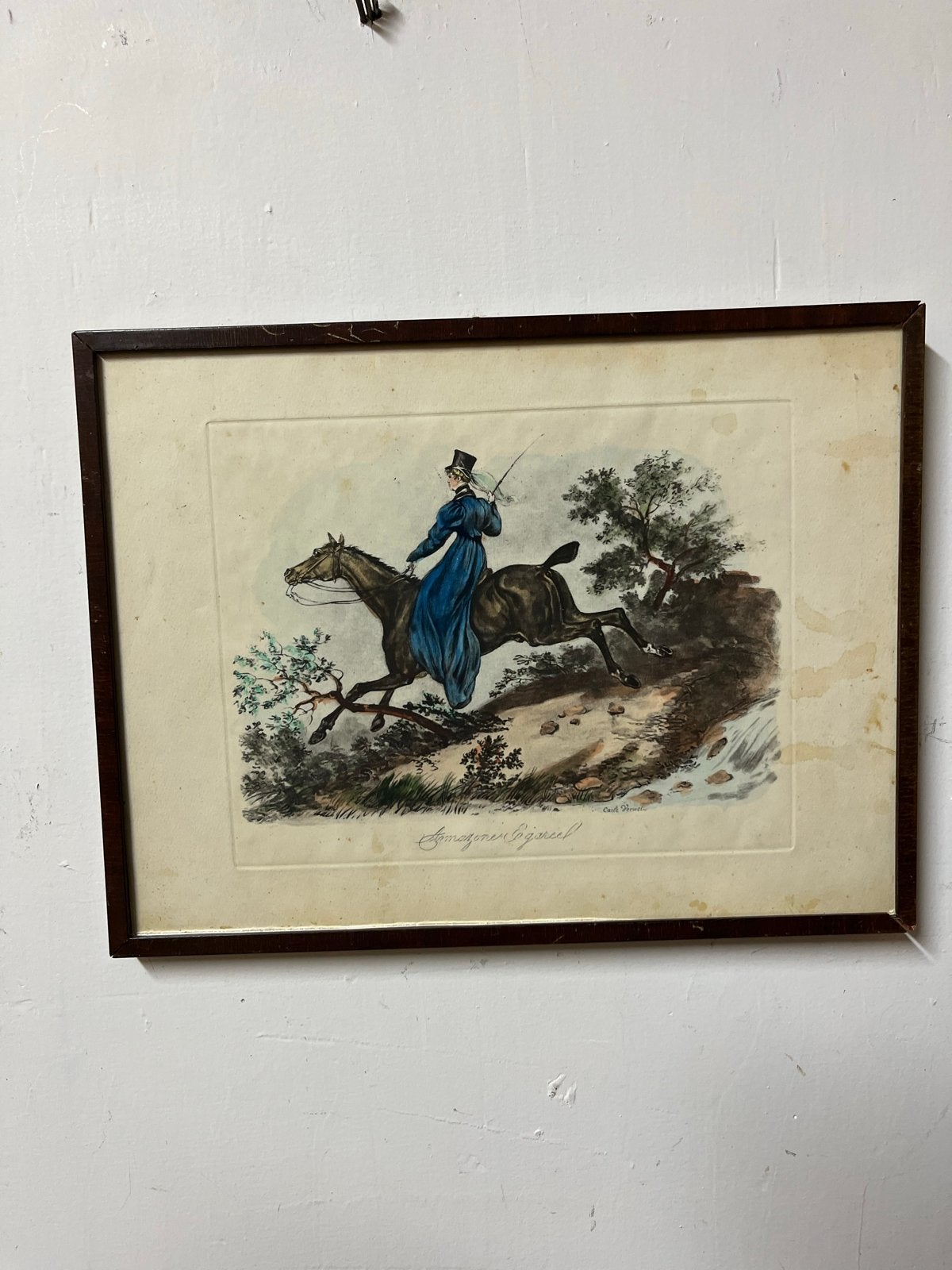 Antieke ingelijste prent: Amazone te paard, Antiek en Kunst, Ophalen of Verzenden, Print, Prent, Ingelijst