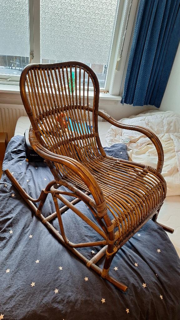 Rotan schommelstoel retro bohemian fauteuil vintage stijl, Ophalen, Gebruikt, 75 tot 100 cm, Hout