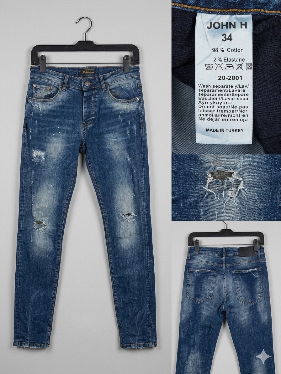 Gescheurde Heren skinny jeans john h maat 34 €10, Ophalen of Verzenden, Zo goed als nieuw, Blauw