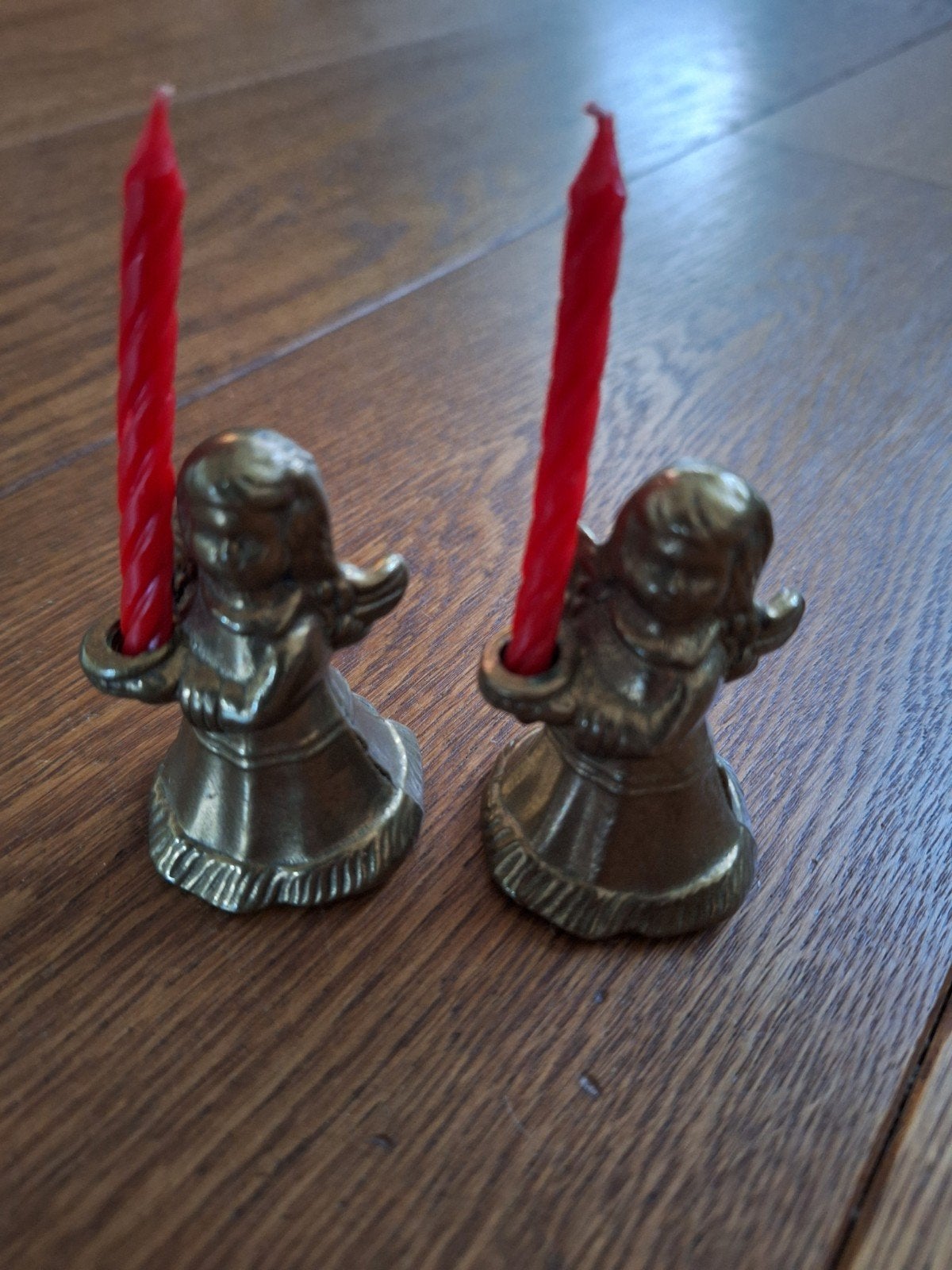 2 Messing Engel Kaarsenhouders voor Kleine Kaarsjes, Ophalen of Verzenden, Zo goed als nieuw, Metaal, Kandelaar