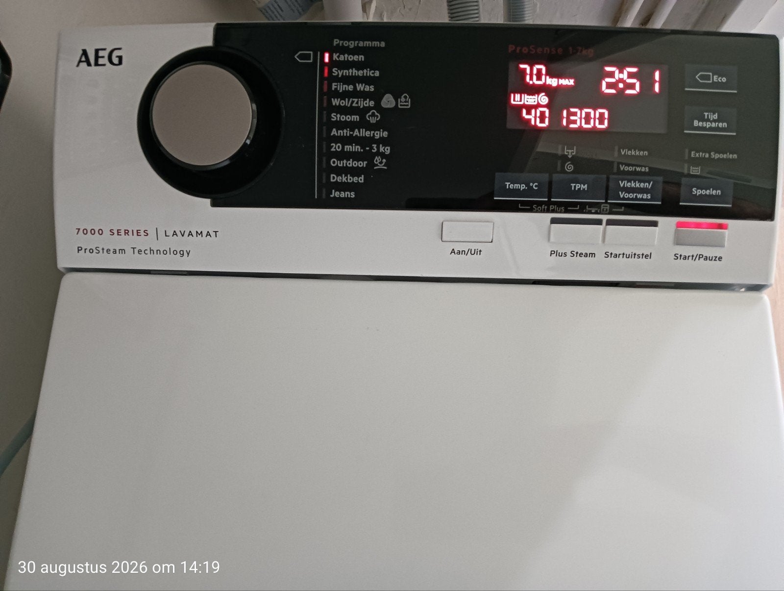 AEG wasmachine bovenlader, met defect?, Ophalen, 1200 tot 1600 toeren, 85 tot 90 cm