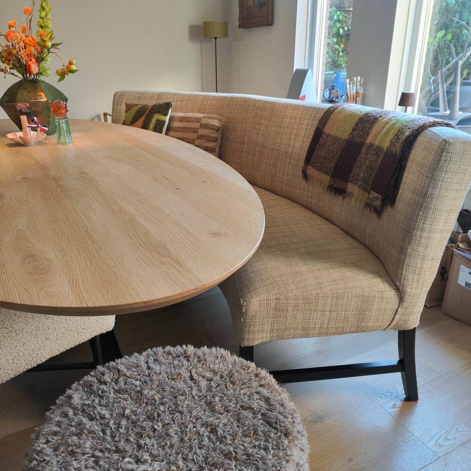 Ovale eetbank 240 cm crème beige gemêleerd gestoffeerd, Ophalen of Verzenden, Wit, Stof, Modern luxe landelijk chique