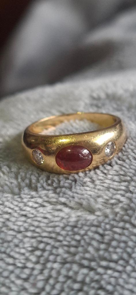 18krt Gouden ring met robijn en diamant, Ophalen of Verzenden, Met edelsteen, Dame, Goud