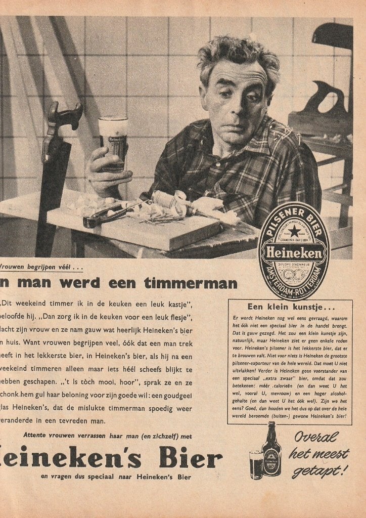 retro reclame 1956 Heineken bier man werd timmerman, Verzamelen, Verzenden, Overige typen