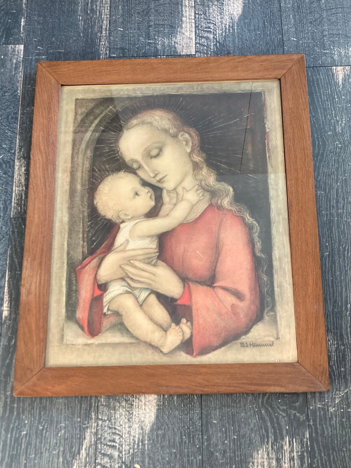 Schilderij, prent, Maria met kind, Humnel (100225), Antiek en Kunst, Ophalen of Verzenden