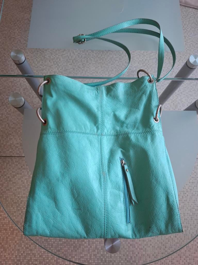 Turquoise leren schoudertas, Ophalen of Verzenden, Blauw