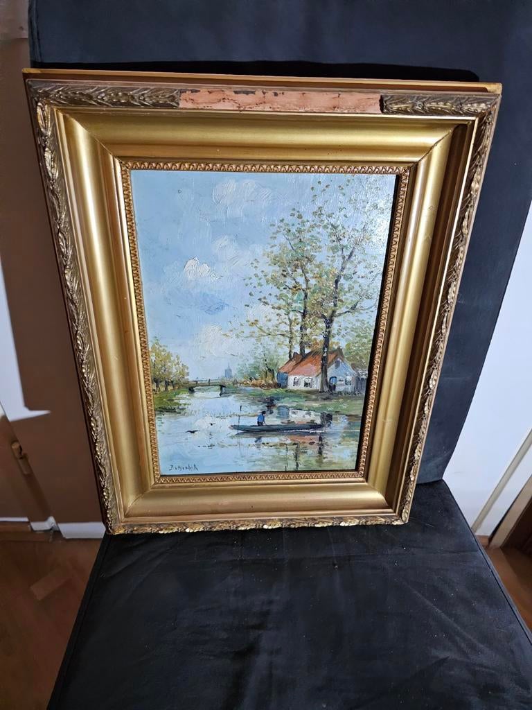 Antiek Schilderij: Hollands Landschap met Water en Huizen, Ophalen of Verzenden