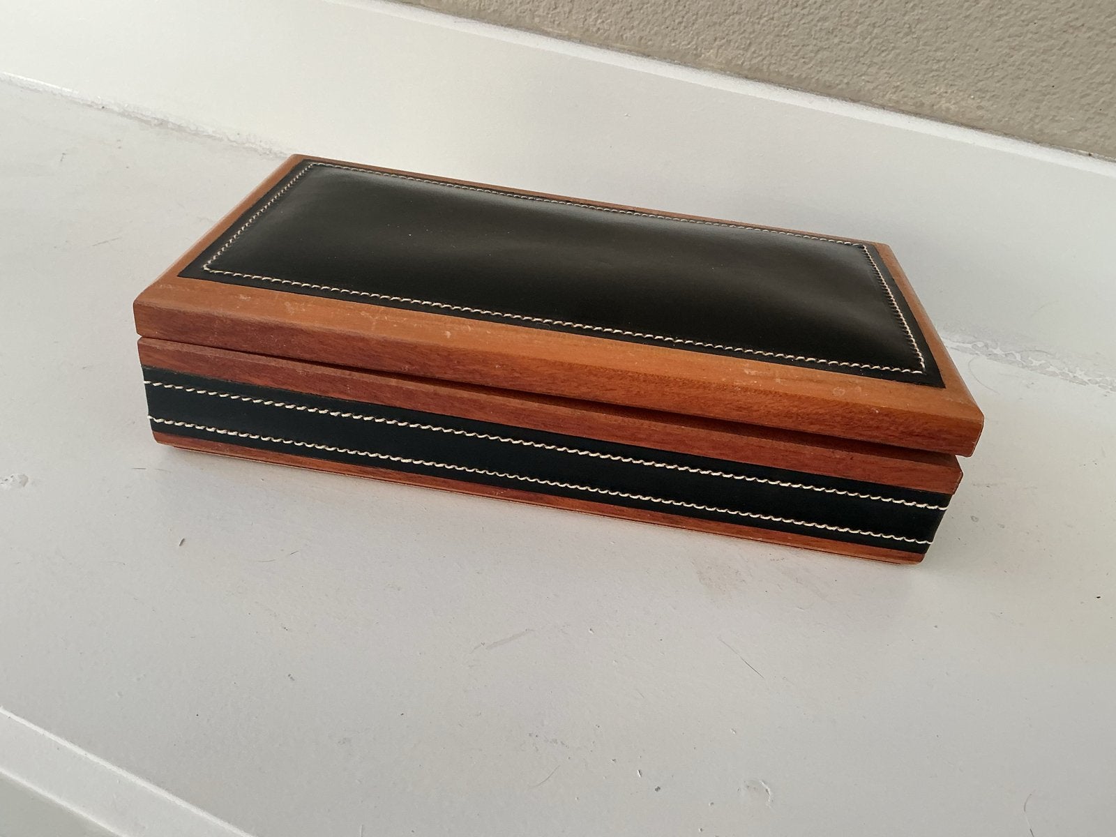 Vintage Houten Pennenbak / Sieradenkist met Zwart Leer, Antiek en Kunst, Ophalen of Verzenden