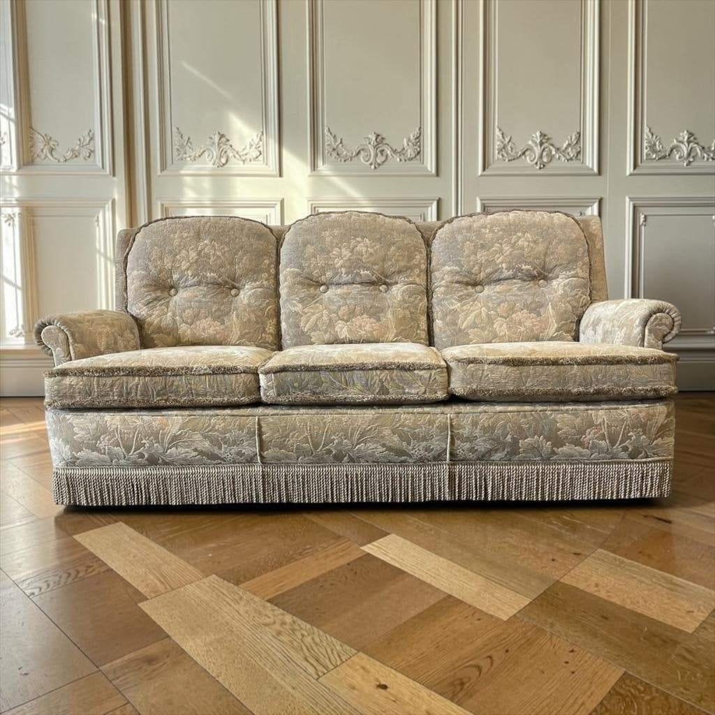 Vintage beige gebloemde driezit / canapé met franjes, Ophalen