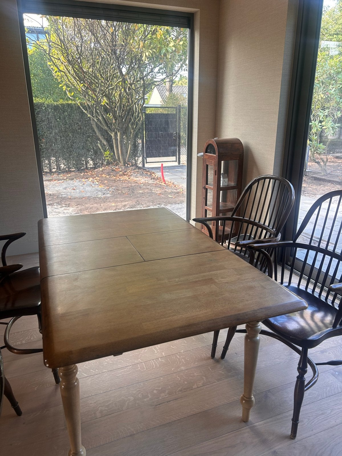 Uitschuifbare eettafel met houten blad en poten, Ophalen, Gebruikt, 100 tot 150 cm, 50 tot 100 cm